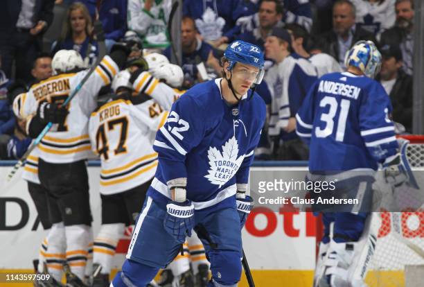 Nikita Zaitsev of the Toronto Maple Leafs shows his disappointment on a Boston Bruins goal in Game Four of the Eastern Conference First Round during...