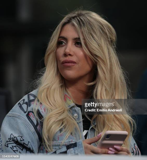 Wanda Nara attends the Serie A match between FC Internazionale and Chievo at Stadio Giuseppe Meazza on May 13, 2019 in Milan, Italy.