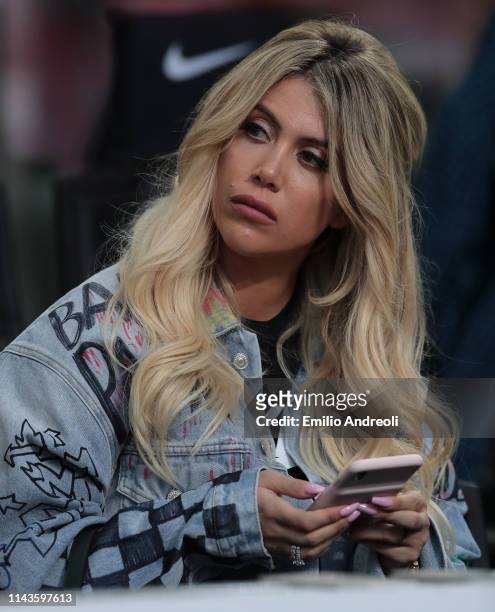 Wanda Nara attends the Serie A match between FC Internazionale and Chievo at Stadio Giuseppe Meazza on May 13, 2019 in Milan, Italy.