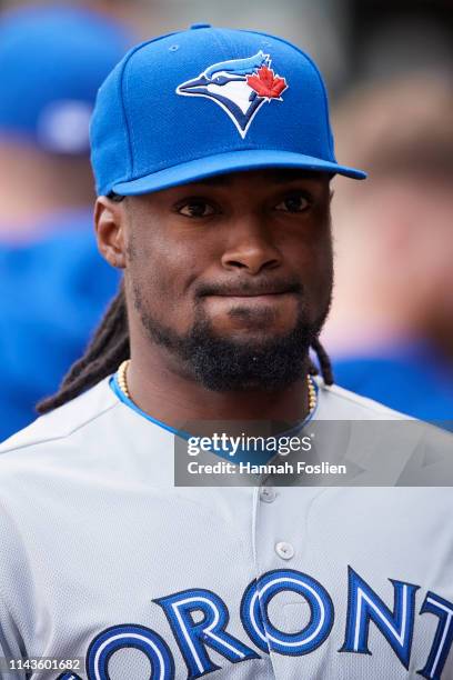 Alen Hanson of the Toronto Blue Jays looks on before the game against the Minnesota Twins on April 16, 2019 at Target Field in Minneapolis,...