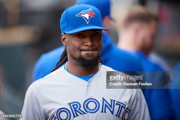 Alen Hanson of the Toronto Blue Jays looks on before the game against the Minnesota Twins on April 16, 2019 at Target Field in Minneapolis,...