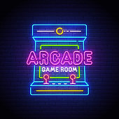 Arcade Games neon sign, bright signboard, light banner. Game logo neon, emblem. Vector illustration