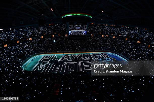 The San Jose Sharks pregame lights show against the St. Louis Blues in Game Two of the Western Conference Final during the 2019 NHL Stanley Cup...