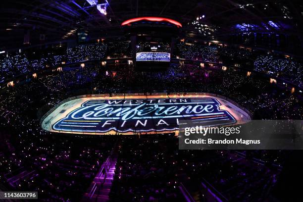 The San Jose Sharks pregame lights show against the St. Louis Blues in Game Two of the Western Conference Final during the 2019 NHL Stanley Cup...