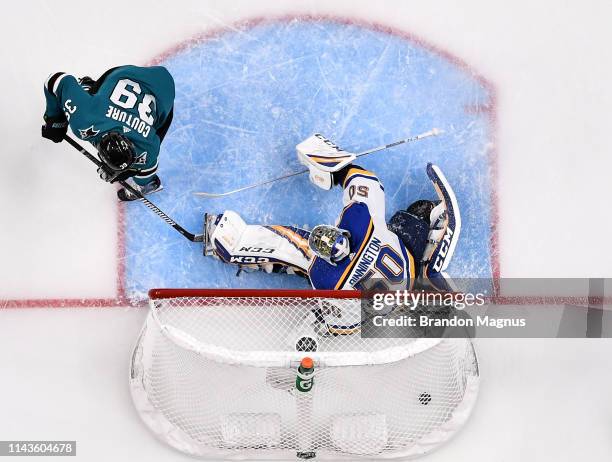 An overhead view as Logan Couture of the San Jose Sharks scores a goal against Jordan Binnington of the St. Louis Blues in Game Two of the Western...