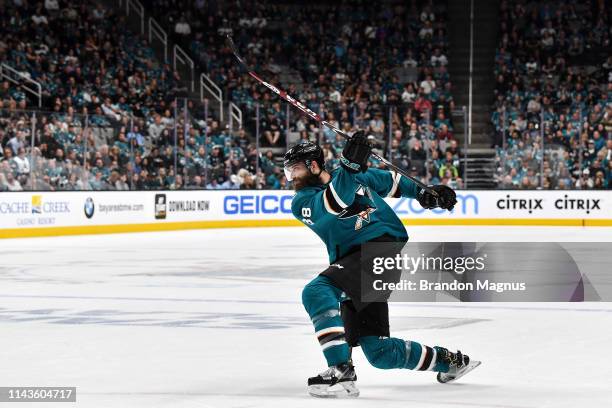 Brent Burns of the San Jose Sharks takes a shot on goal against the St. Louis Blues in Game Two of the Western Conference Final during the 2019 NHL...