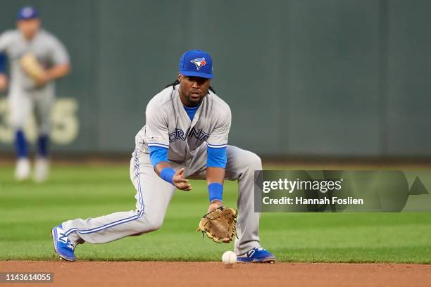 Alen Hanson of the Toronto Blue Jays makes a play at second base against the Minnesota Twins during the game on April 16, 2019 at Target Field in...