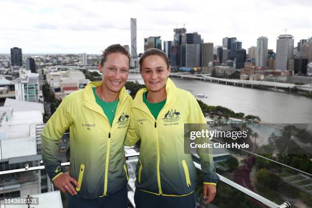 Samantha Stosur and Ashleigh Barty pose during Official Fed Cup draw for the Fed Cup World Group Semi Final Australia v Belarus media opportunity at...