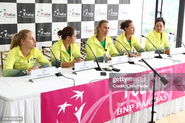 Austalian Captain Alicia Molik, Priscilla Hon, Daria Gavrilova, Samantha Stosur and Ashleigh Barty speak to media during Official Fed Cup draw for...