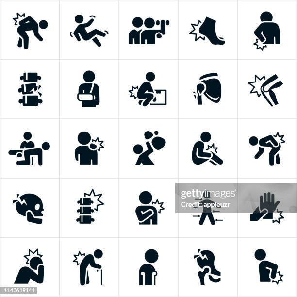 ilustraciones, imágenes clip art, dibujos animados e iconos de stock de los iconos de lesiones y dolor - back pain