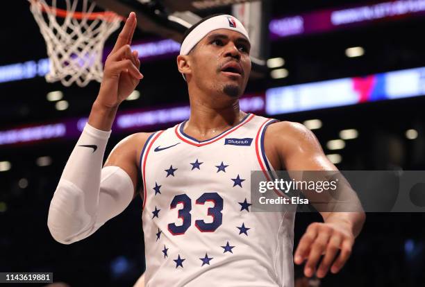 Tobias Harris of the Philadelphia 76ers reacts in the third quarter against the Brooklyn Nets during game three of Round One of the 2019 NBA Playoffs...