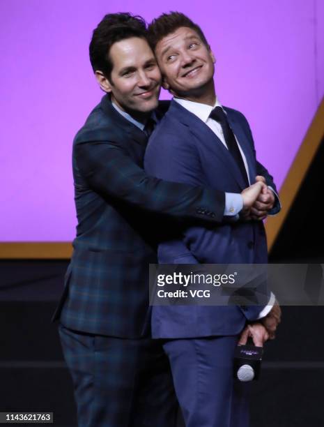 Actors Paul Rudd and Jeremy Renner attend 'Avengers: Endgame' premiere at Shanghai Oriental Sports Center on April 18, 2019 in Shanghai, China.