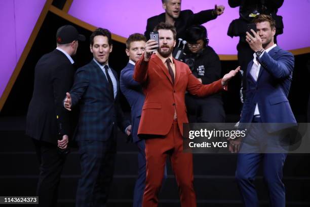 Producer Kevin Feige, actors Paul Rudd, Jeremy Renner, Chris Evans and Chris Hemsworth attend 'Avengers: Endgame' premiere at Shanghai Oriental...