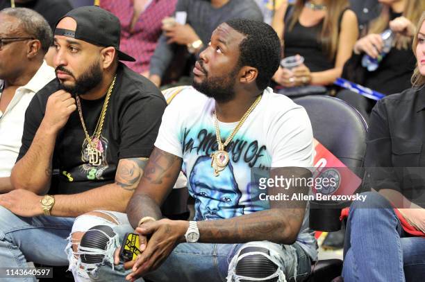Rapper Meek Mill attends an NBA playoffs basketball game between the Los Angeles Clippers and the Golden State Warriors at Staples Center on April...