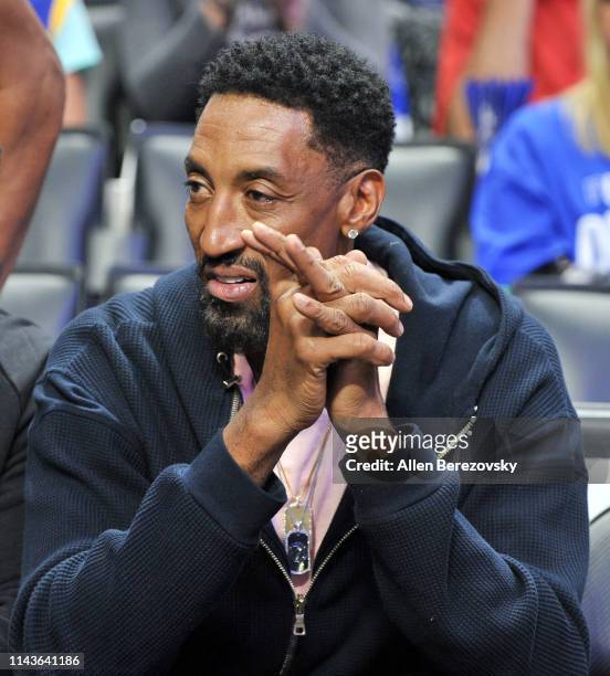 Scottie Pippen attends an NBA playoffs basketball game between the Los Angeles Clippers and the Golden State Warriors at Staples Center on April 18,...