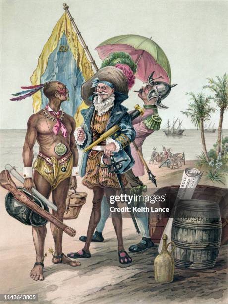 stockillustraties, clipart, cartoons en iconen met het landen van christopher columbus, 1492 - san salvador