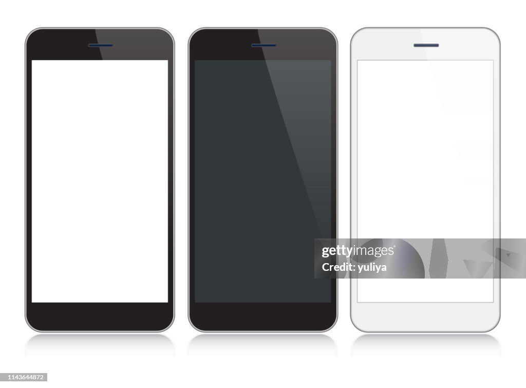 Smartphone, teléfono móvil en colores negro y plata con reflexión, ilustración vectorial realista