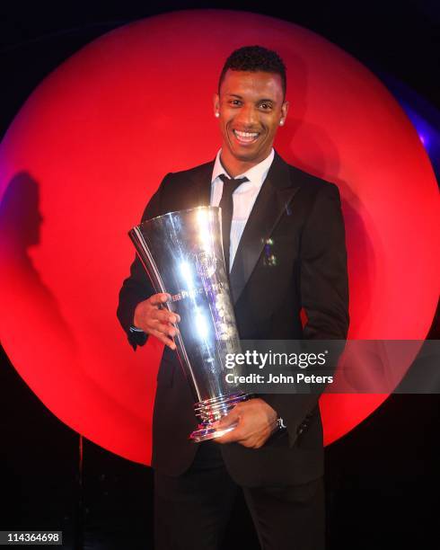 Nani of Manchester United FC poses with the 'Players Player Of The Year' Award during the club's annual Player Of The Year Awards at Old Trafford on...