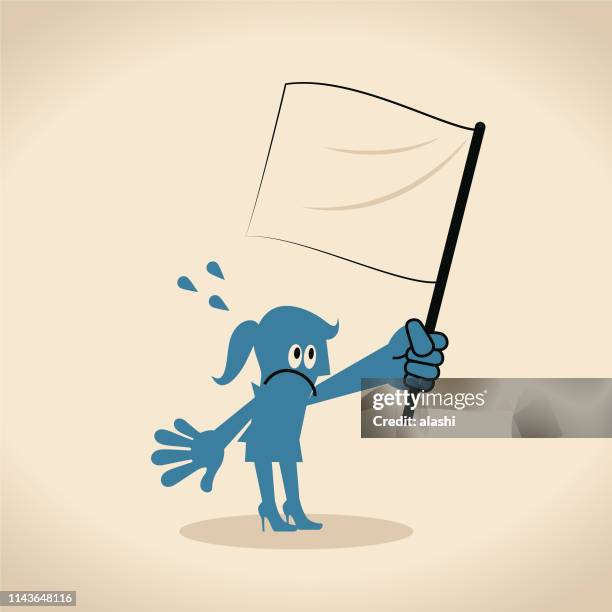 ilustrações de stock, clip art, desenhos animados e ícones de blue businesswoman raising the white flag (surrendering) - white flag