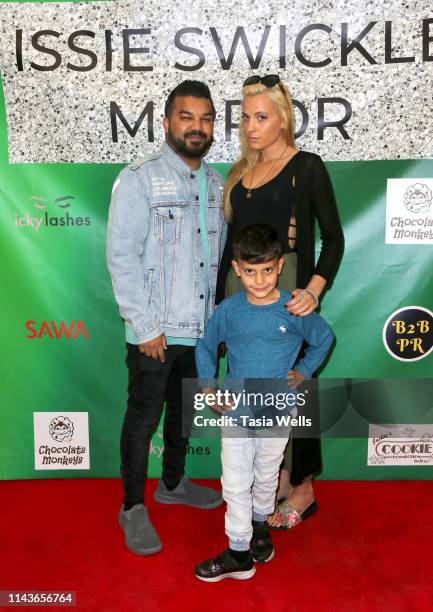 Adrian Dev, Kristi Tucker and Brodie Chaudhury attend Issie Swickle Celebrates the Release of Her New Single "Mirror" at The Industry Loft Space on...