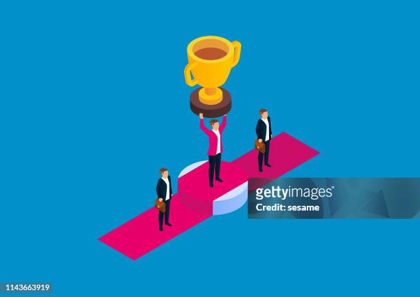 winning, the man won the competition and raised the trophy - business awards ceremony stock illustrations