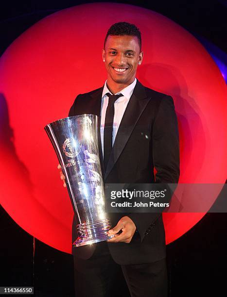 Nani of Manchester United FC poses with the 'Players Player Of The Year' Award during the club's annual Player Of The Year Awards at Old Trafford on...