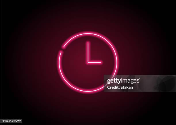 stockillustraties, clipart, cartoons en iconen met rode tijd icoon neon licht op zwarte muur - alarm clock