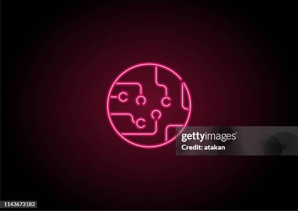 red circuit board icon neon light on black wall - cpu abstract stock illustrations