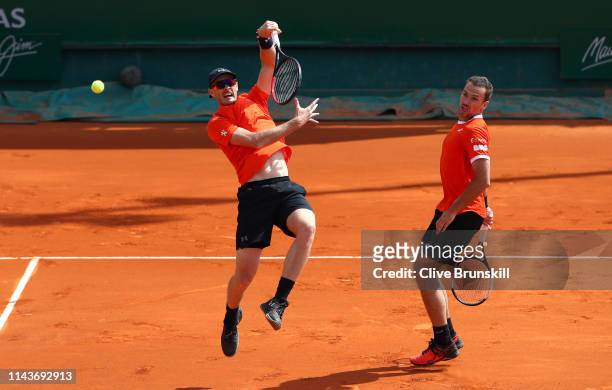 Jamie Murray of Great Britain and Bruno Soares of Brazil in action against Diego Schwartzman of Argentina and Joao Sousa of Portugal in their doubles...
