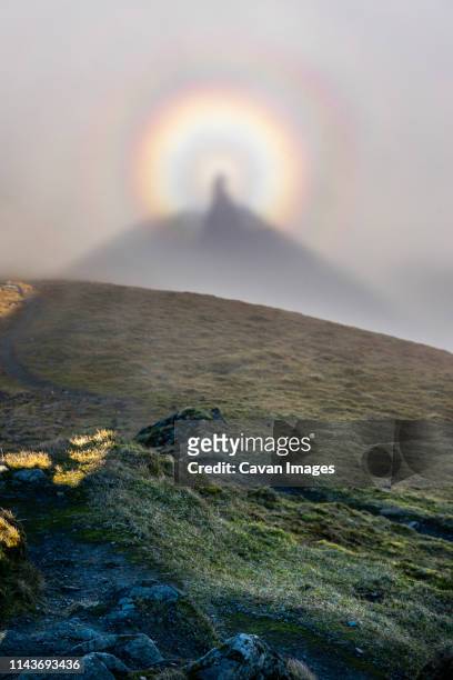 brocken spectre on mountain top - brockengespenst stock-fotos und bilder