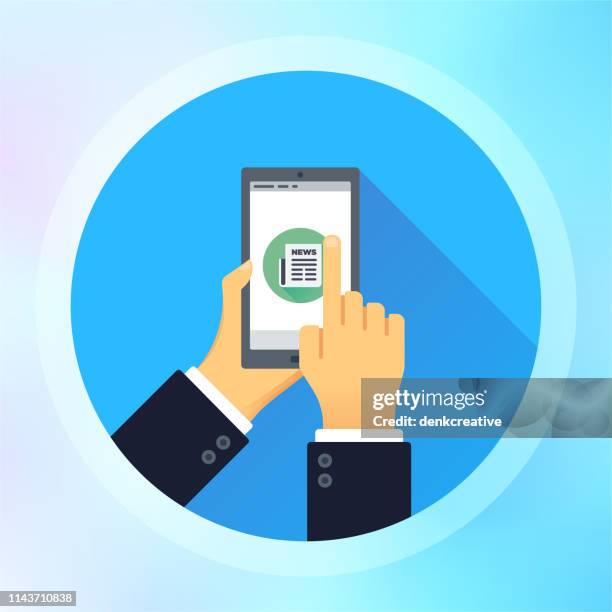 holding mobile phone with newspaper apps icon on screen - computer blank screen stock illustrations