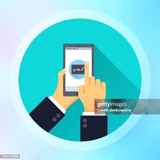 holding mobile phone with online learning icon on screen - using computer blank screen stock illustrations