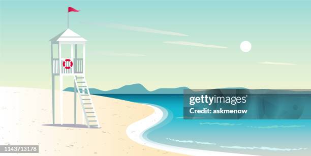 illustrazioni stock, clip art, cartoni animati e icone di tendenza di spiaggia vuota - cabina del guardaspiaggia