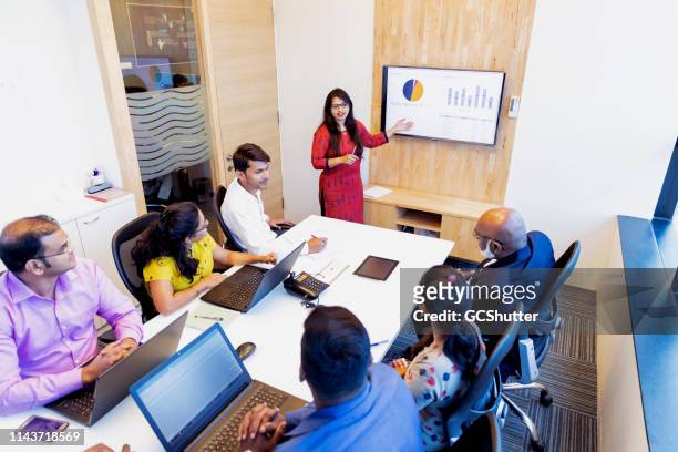 businesswoman presenting annual report in a board meeting - india stock pictures, royalty-free photos & images