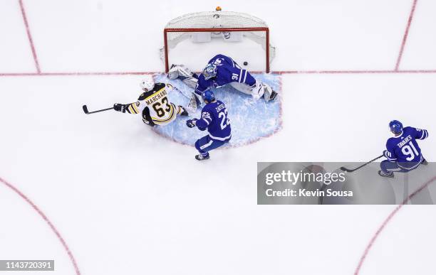 Brad Marchand of the Boston Bruins celebrates after scoring on the Toronto Maple Leafs during the third period during Game Four of the Eastern...