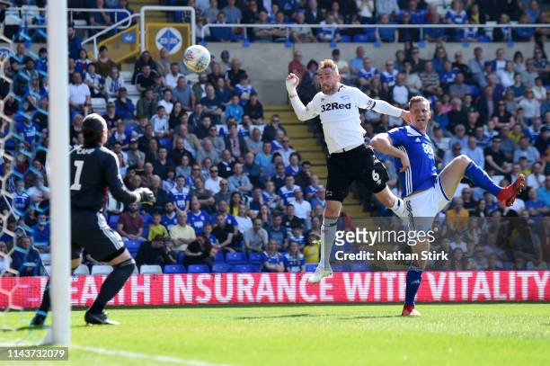 Richard Keogh of Derby scores his team's second goal during the Sky Bet Championship match between Birmingham City and Derby County at St Andrew's...