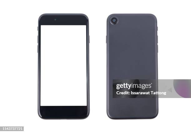 smartphone front and back perspective view isolated on white background - computer monitor back stock pictures, royalty-free photos & images