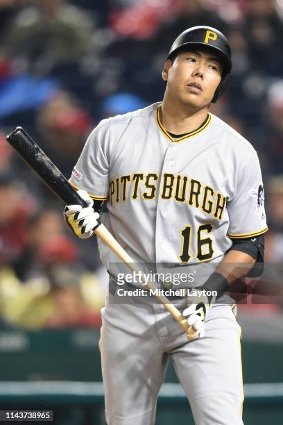 Jung Ho Kang of the Pittsburgh Pirates reacts after a pitch during a baseball game against the Washington Nationals at Nationals Park on April 12,...
