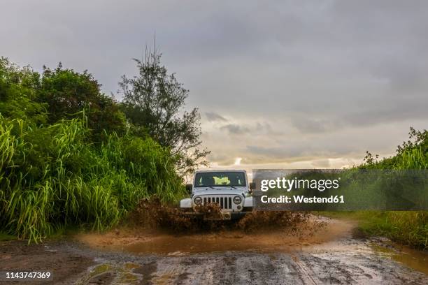 usa, hawaii, kauai, off-road vehicle on muddy dirt road, puddle - car splashing stock pictures, royalty-free photos & images