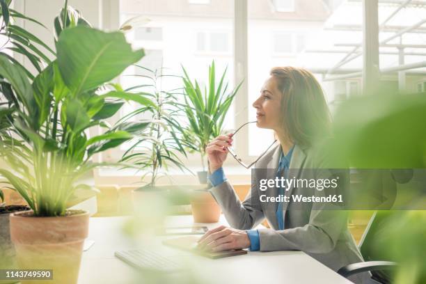 mature businesswoman working in sustainable office, with plants on her desk - desk with green space view stock pictures, royalty-free photos & images