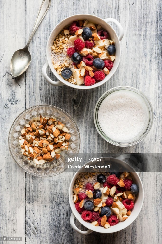 Cereals with almond milk, nuts and berries, vegan