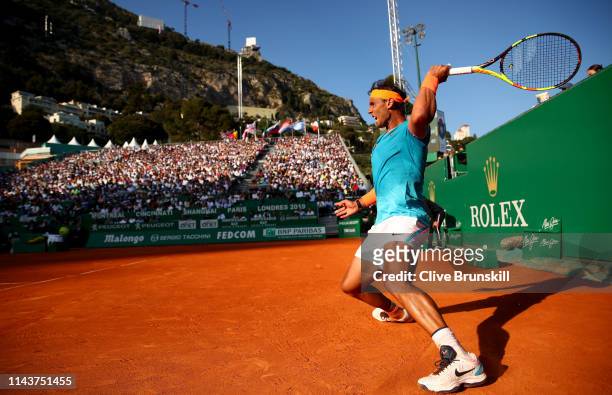 Rafael Nadal of Spain plays a forehand against Guido Pella of Argentina in their quarter final match during day six of the Rolex Monte-Carlo Masters...