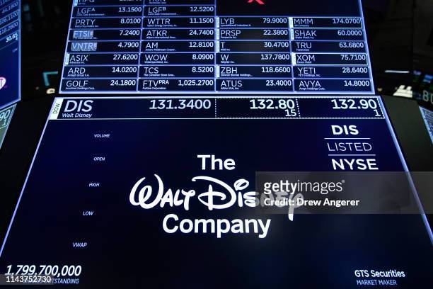Logo for The Walt Disney Company is displayed on a trading post during the opening bell on the floor of the New York Stock Exchange , May 14, 2019 in...