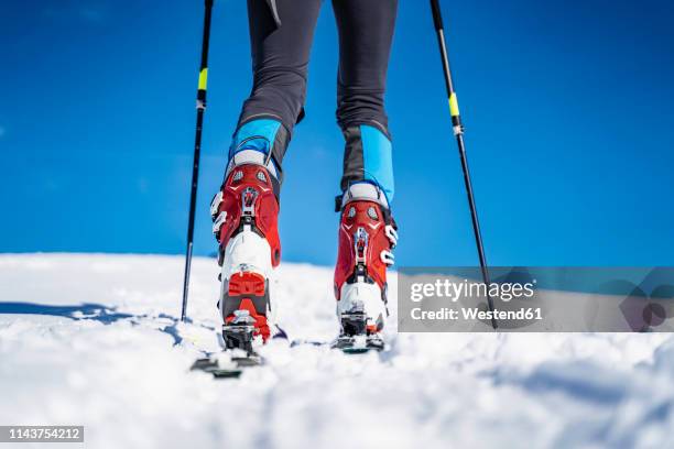 legs of a man on a ski tour in winter in the mountains - ski closeup stock-fotos und bilder