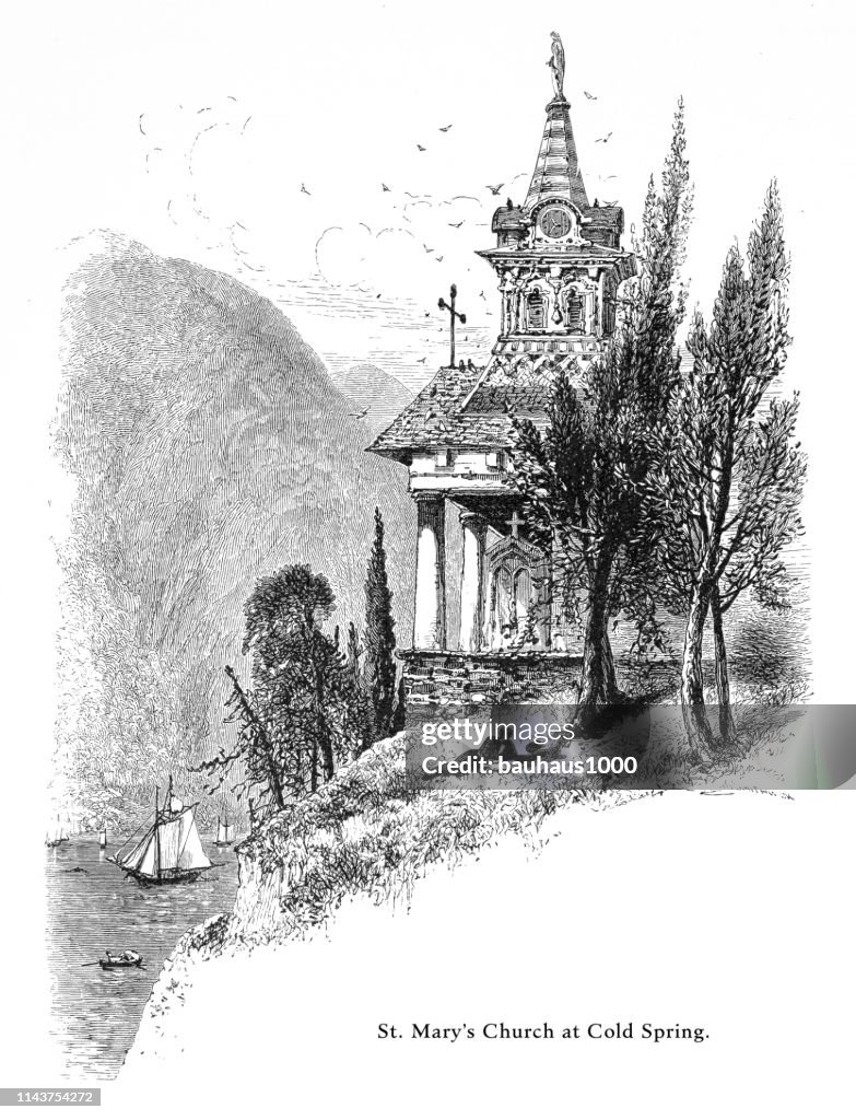 Chiesa di Santa Maria a Cold Spring sul fiume Hudson, New York, Stati Uniti, Incisione vittoriana americana, 1872