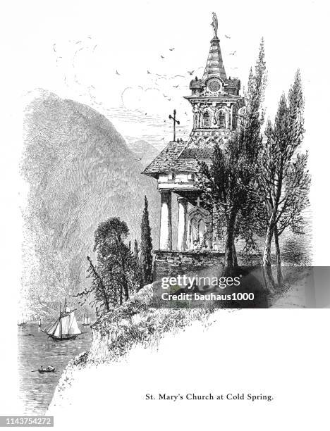 Chiesa Di Santa Maria A Cold Spring Sul Fiume Hudson New York Stati Uniti Incisione Vittoriana Americana 1872, Foto stock