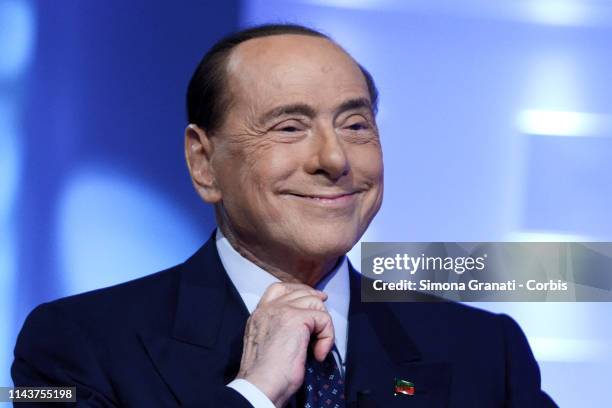 Former Prime Minister and leader of Forza Italia Silvio Berlusconi participates in the television show L' Aria che tira, on MAY 14, 2019 in Rome,...