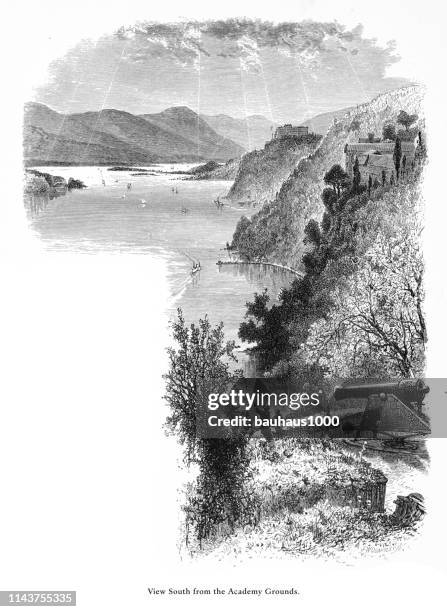west point on the hudson river, view from the academy grounds, new york, united states, american victorian engraving, 1872 - west point new york stock illustrations