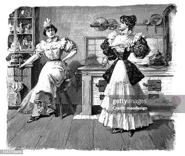 conversation in the kitchen - 1896 - kitchen entertaining stock illustrations