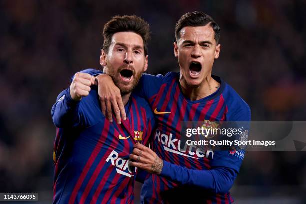 Lionel Messi of Barcelona celebrates his firts goal during the UEFA Champions League Quarter Final second leg match between FC Barcelona and...